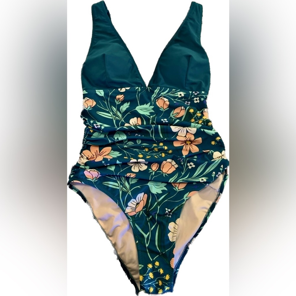 Beachsissi one piece bathing suit, v-neck, crisscross back, and tummy coverage